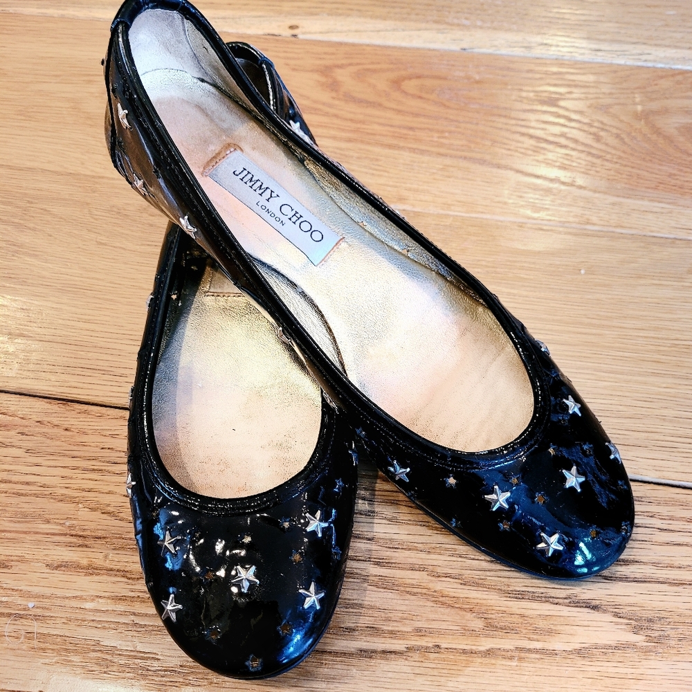 Jimmy Choo Black Patent Leather Star Cutout Flats - Picture 2 of 9